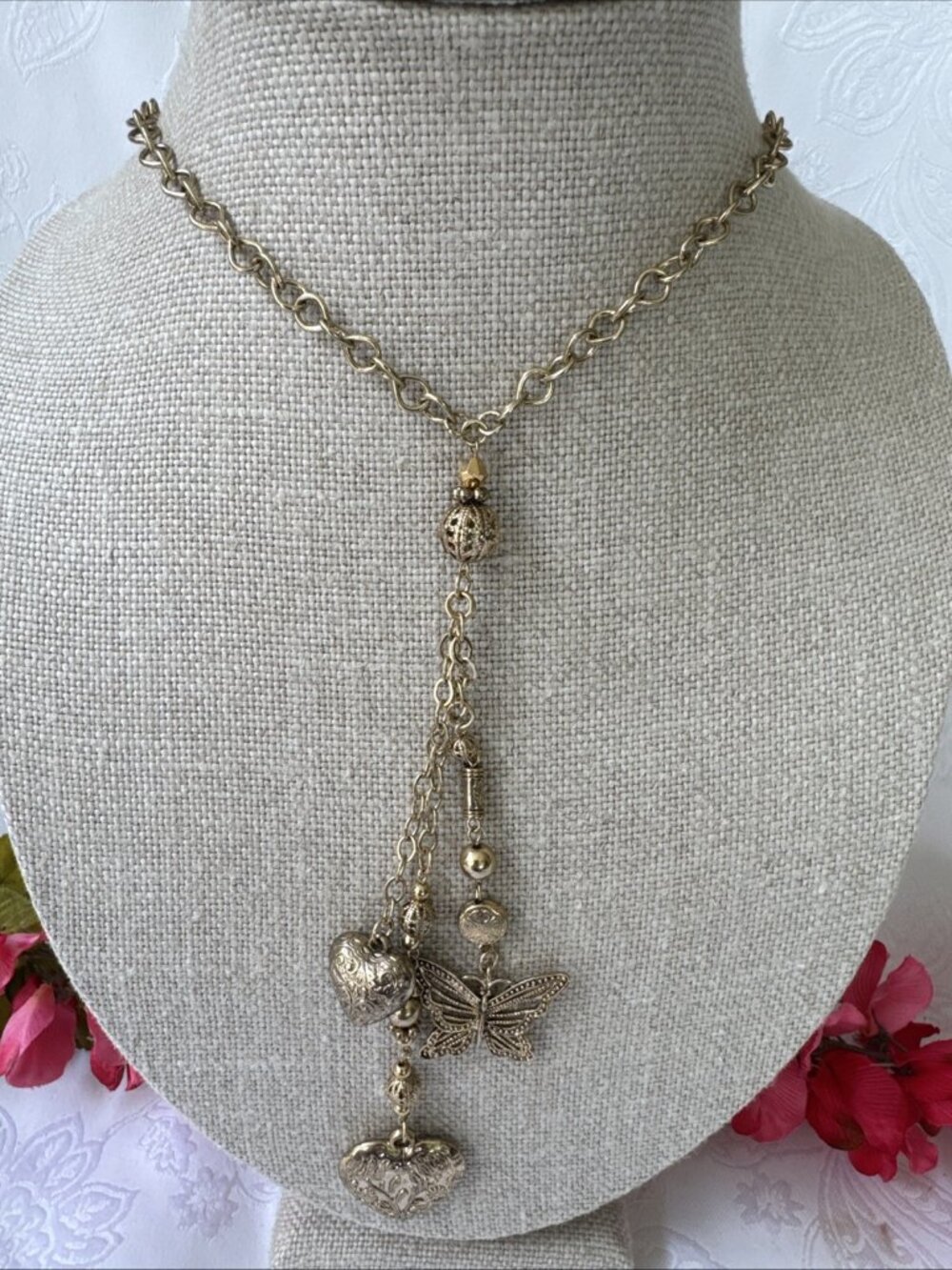 Nordstrom Sequin NYC GoldTone Bead Butterfly Heart Filigree Charm Necklace NEW
